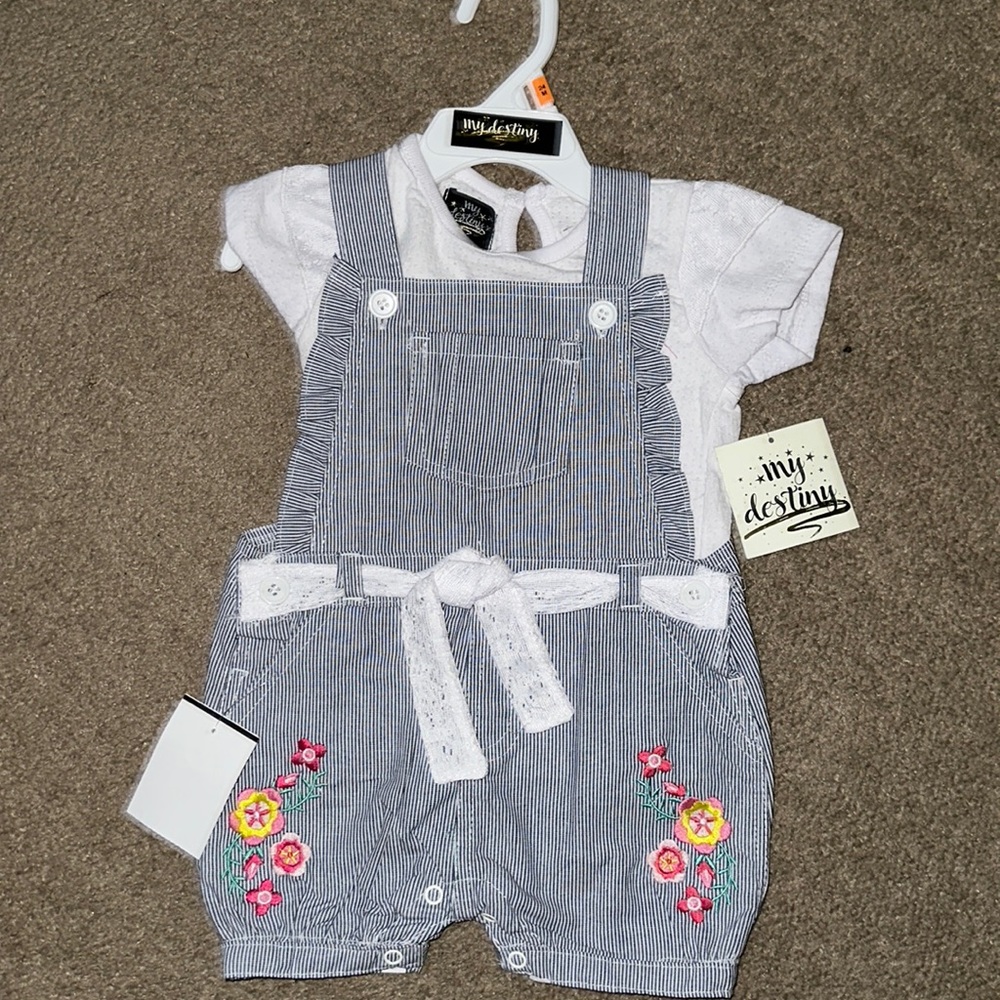 My Destiny 24 month overall short set. Blue, white stripped.